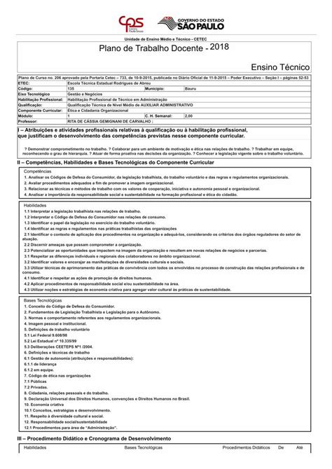 Pdf Plano De Trabalho Docente Ensino T Cnico Analisar Os