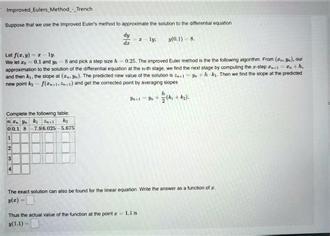 Solved Improved Euler S Method Trench Suppose That We Use The Improved Euler S Method To