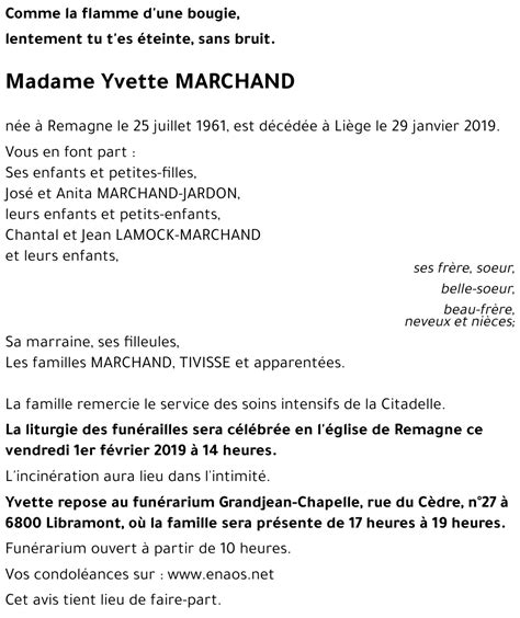 Avis de décès de Yvette MARCHAND décédé le 29 01 2019 à Liège annonce