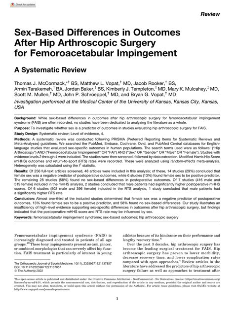 PDF Sex Based Differences In Outcomes After Hip Arthroscopic Surgery For Femoroacetabular