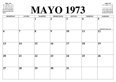 CALENDARIO MAYO 1973 : EL CALENDARIO MAYO PARA IMPRIMIR GRATIS - MES Y