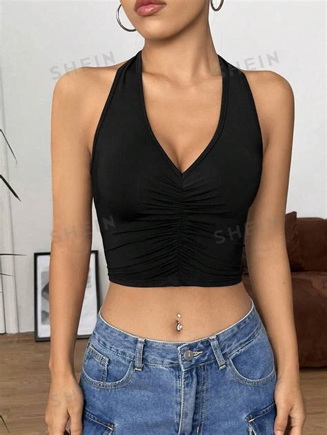 Shein Ezwear Top Corto Sin Mangas Con Cuello Halter En V Profundo Para