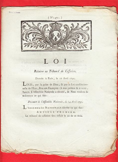 Loi Relative Au Tribunal De Cassation Donn E Paris Le Avril