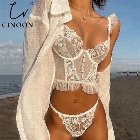 Cinoon Conjunto De Lingerie Sexy Francesa Para Mulheres Suti E Calcinha De Renda Transparente