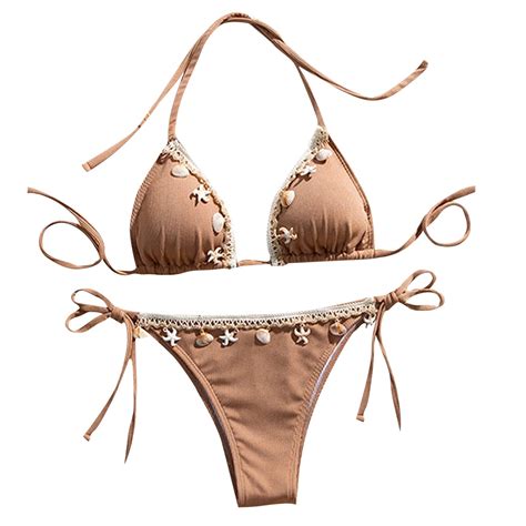 Women Cotton Bikini Set Summer Halter Triangle Tie Bathing Suits Piece Boho Shell Tassel