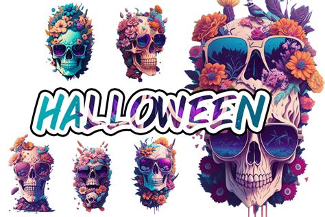 Halloween Skulls With Flowers Graphic By Aris Th · Creative Fabrica