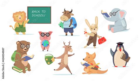 school set  funny cartoon animals flat vector illustration
