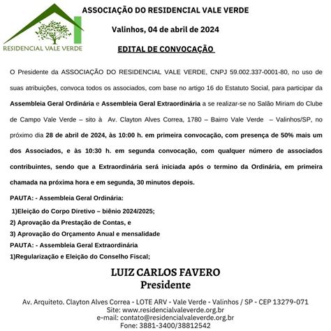 Edital de Convocação Associação do Residencial Vale Verde Jornal de