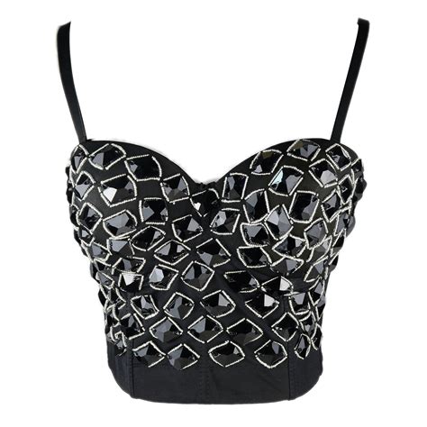 Womens Black Rhinestone Beaded Punk Bustier Crop Top Party Club Corse