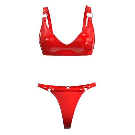 Sexy Lingerie De Couro Envernizado Para Senhoras Conjunto Lingerie Er Tica Vermelho E Rosa Suti