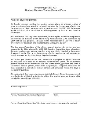 Fillable Online Moundridge USD 423 Student Random Testing Consent Form