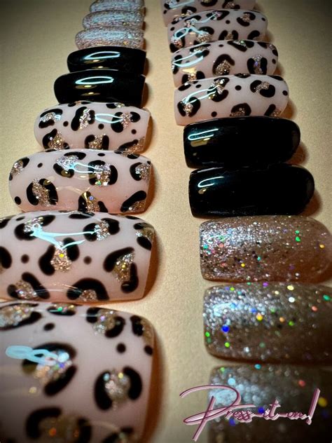 Leopard Panther Print Press On Nails Full Set Of Nude Black Gold Glitter Luxury Classic