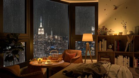 K Cozy Bedroom In New York Rainy Night City With Relaxing Piano Jazz