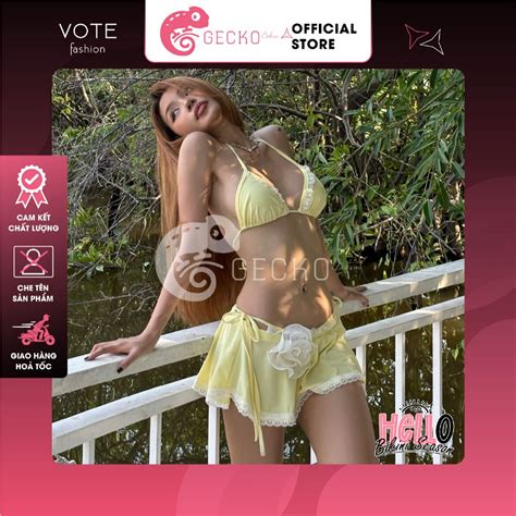 HCM Combo 3 Món GECKO Bikini Tam Giác Bèo Phối Váy Chân Ren Hoa 4CB30