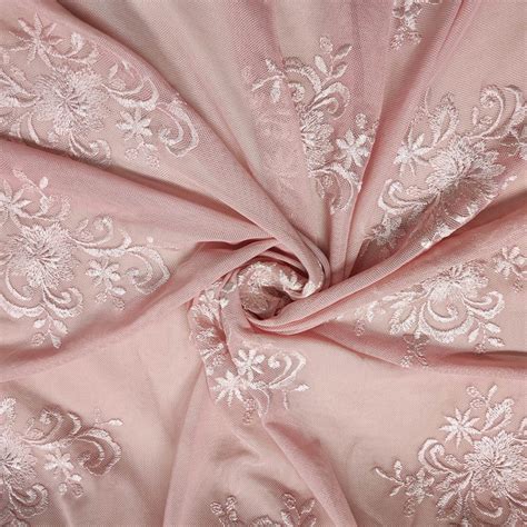 Tessuto Tulle Elasticizzato Ricamato Smerlato Motivo Floreale Rosa