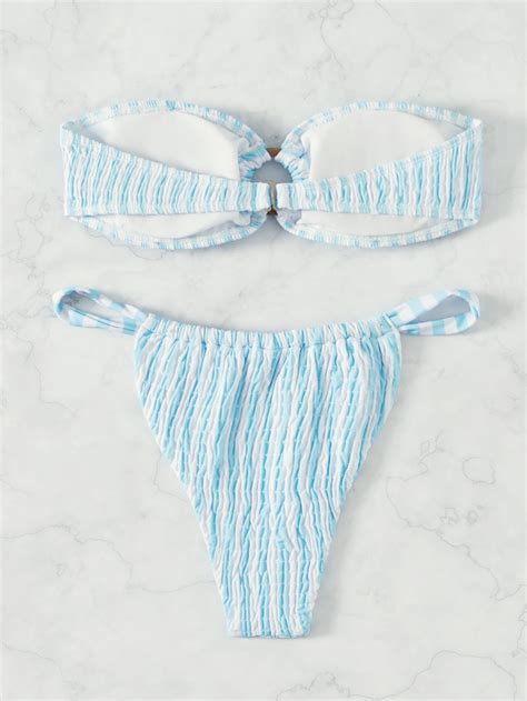BKN SET BIKINI QUÂY XANH BLUE KẺ SỌC KHUY NGỰC TRÒN BIKINI MORE BIKINI XUẤT KHẨU