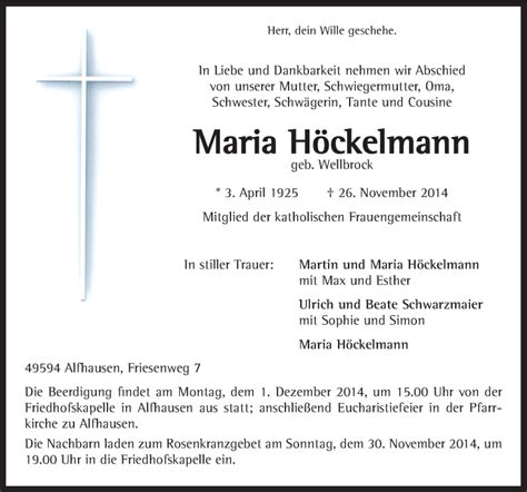 Traueranzeigen von Maria Höckelmann noz Trauerportal