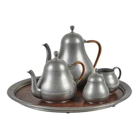 Five Pieces Mid Century Modern Tea Coffee Set By Royal Holland Pewter Teak For Sale At 1stdibs