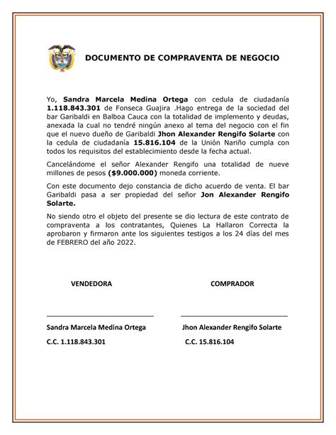 Documento De Compraventa De Negocio Documento De Compraventa De