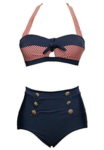 ᐅ BSLINGERIE Sexy Damen Retro Bademode Übergröße Halfter Bikini Set XXL Rot gestreiften Keyhole