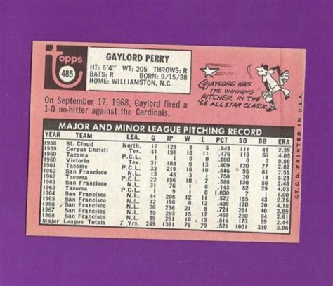 1969 Topps Baseball Card 485 Gaylord Perry San Francisco Giants EXMT