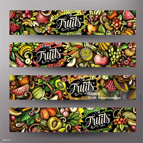 cartoon vector doodle set  fresh fruits banners stock illustration