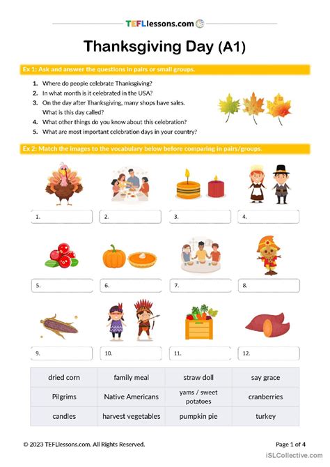 Thanksgiving Lesson General Reading English Esl Worksheets Pdf And Doc