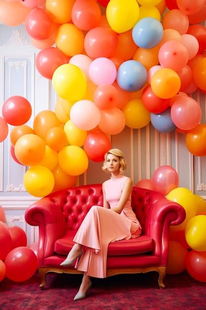 Premium Photo Woman Sitting On Red Couch In Front Of Bunch Of