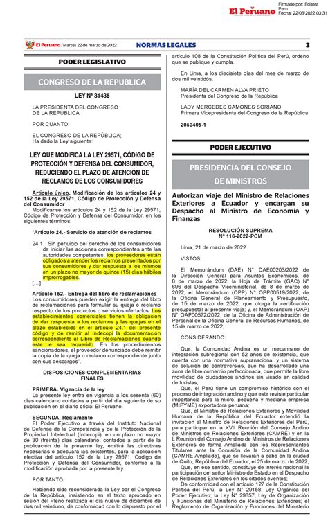 Ley 31435 Modifica CPDC El Peruano Martes 22 De Marzo De 2022 NORMAS