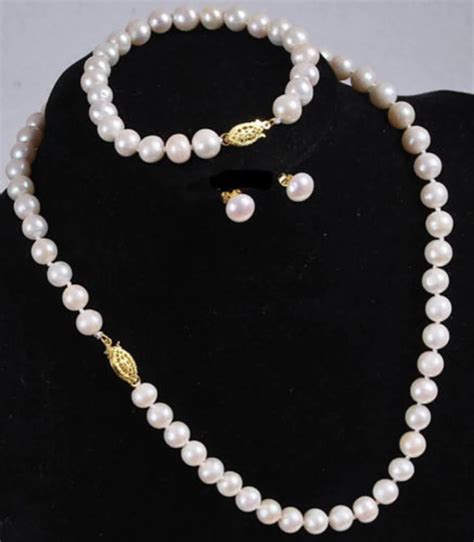 Natural Mm White Akoya Cultured Pearl Necklace Bracelet Earring Set