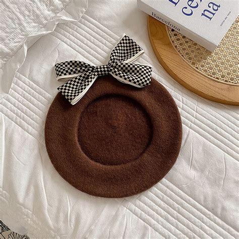 CoCopeaunt Big Bow Wool Beret Black And White Plaid Stewardess Hat For