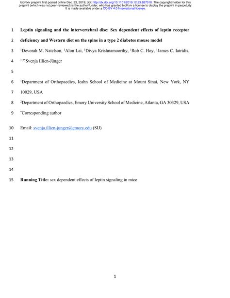Pdf Leptin Signaling And The Intervertebral Disc Sex Dependent Effects Of Leptin Receptor