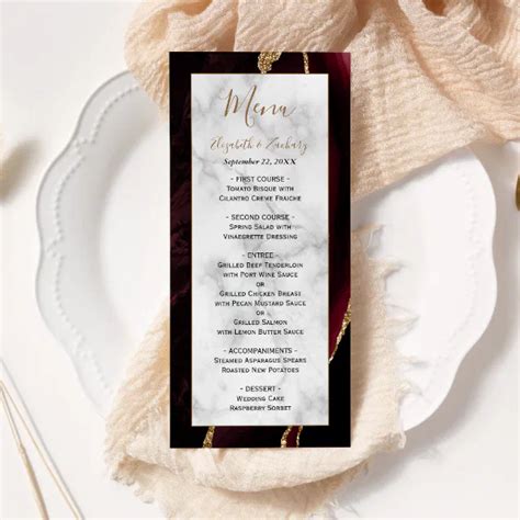 Modern Burgundy Gold Agate Marble Wedding Menu Zazzle