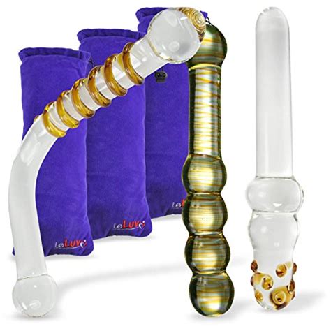 LeLuv Pyrex Glass Anal Vaginal Couples Sex Toy Dildo Set Amber Glow 3 Piece Gift Set Bundle With