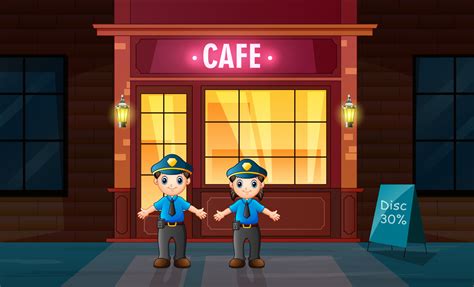 The Police Officer Standing In Front The Cafe 6634950 Vector Art At