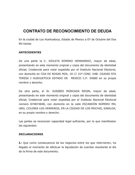 Contrato DE Reconocimiento DE Deuda 1 CONTRATO DE RECONOCIMIENTO DE