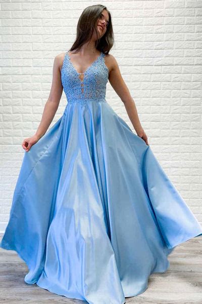 A Line V Neck Light Blue Lace Long Prom Dresses Light Blue Lace Forma