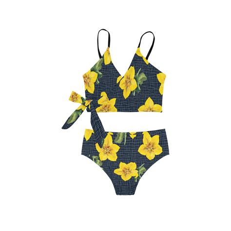 Yellow Flora Print Copy Knot Side Bikini Swimsuit Model S ID