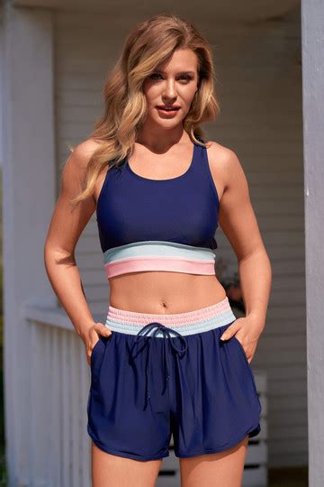 Energetic Soft Blue Colorblock Bikini Top And Boy Short Set