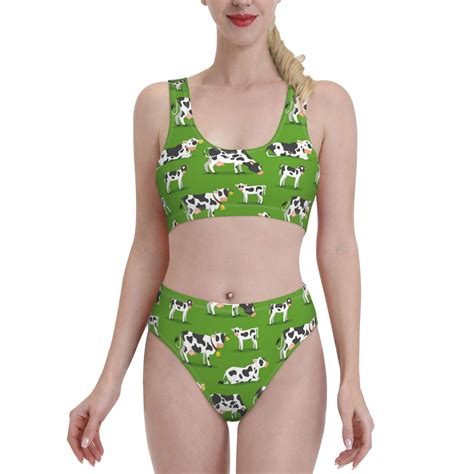 Bixox Cows With Calfs Green Pattern Two Piece Sports Bikini With U Shaped Top And High Waist