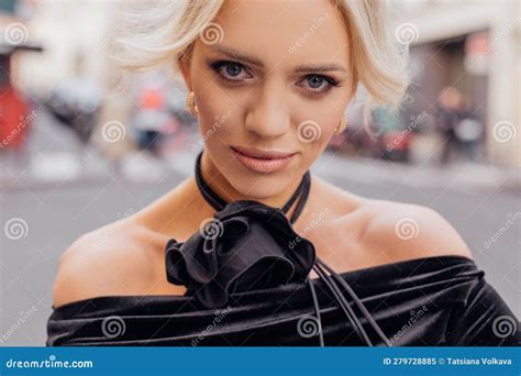 Charming Blonde With Gray Eyes Elegant Make Up Smile Gently Lady With Big Black Bow Around