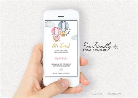 Evite Hot Air Balloon Baby Shower Twins Blue And Pink Twins Baby Shower Electronic Invitation
