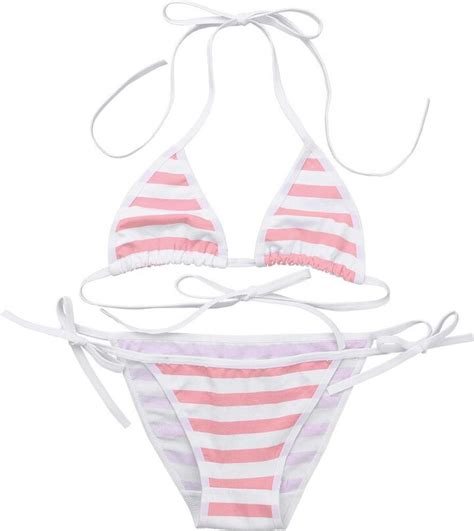 Iefiel Women S Cute Kawaii Style Sexy Stripe Cotton Strappy Bikini Lingerie Set Pink One Size