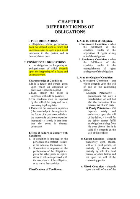 Ch3 Oblicon Reviewer Chapter 3 Different Kinds Of Obligations 1 Pure