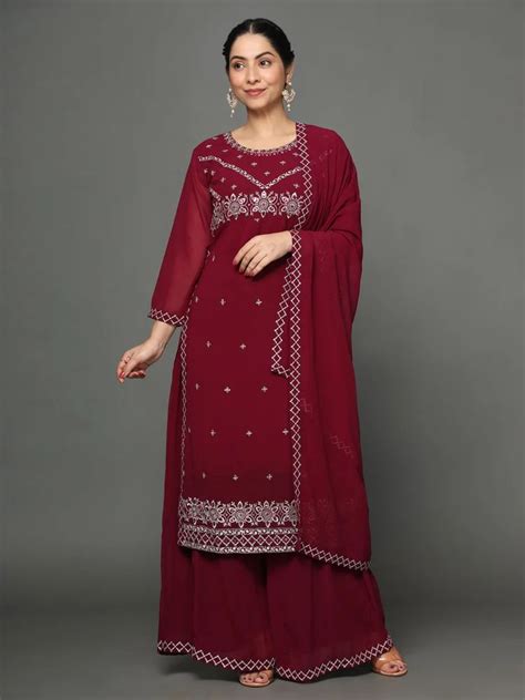 women maroon georgette kurta pyjama dupatta set stylish kurta