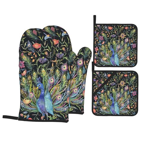 Xmxt Heat Resistant Oven Mitts And Pot Holders Sets Watercolor Flower Peacock Oven Mitt Hot