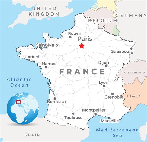 France map with capital Paris, most important cities and national