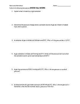 Gay Lussac Gas Law Worksheet By Kristin Irlam Tpt