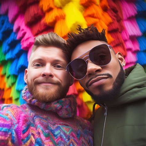 Um Casal Jovem Tira Fotos Um Do Outro Sorrindo Durante A Demonstra O Do Gay Pride Meninos