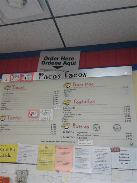 Menu at Paco's Tacos restaurant, Chicago, S Archer Ave